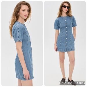 ALIGNE Aurelia Denim Midi Dress Puff Sleeve A-line Side Pockets Cotton Size 16